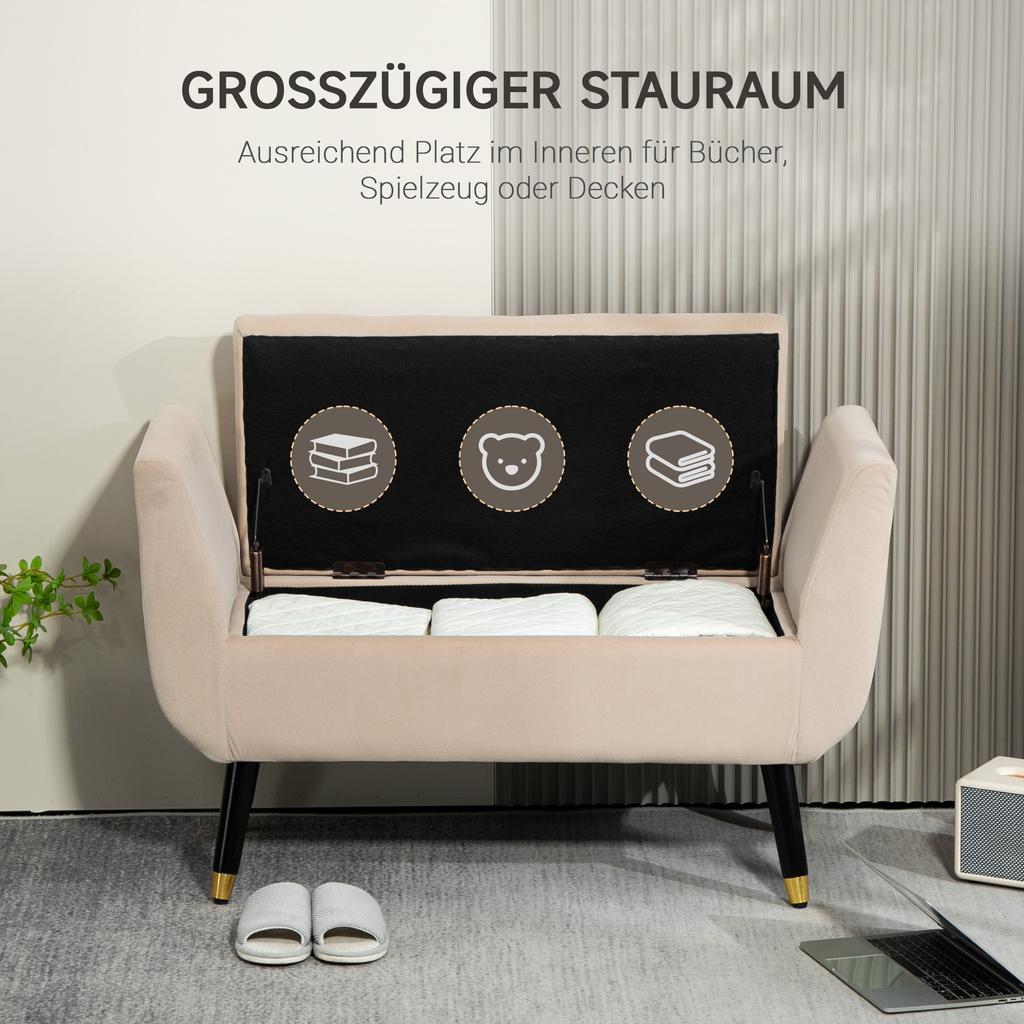 Gepolsterte Bank mit Stauraum, Armlehnen, Samtähnliches Polyester, Kautschukholz, 107 x 42 x 65 cm, Beige
