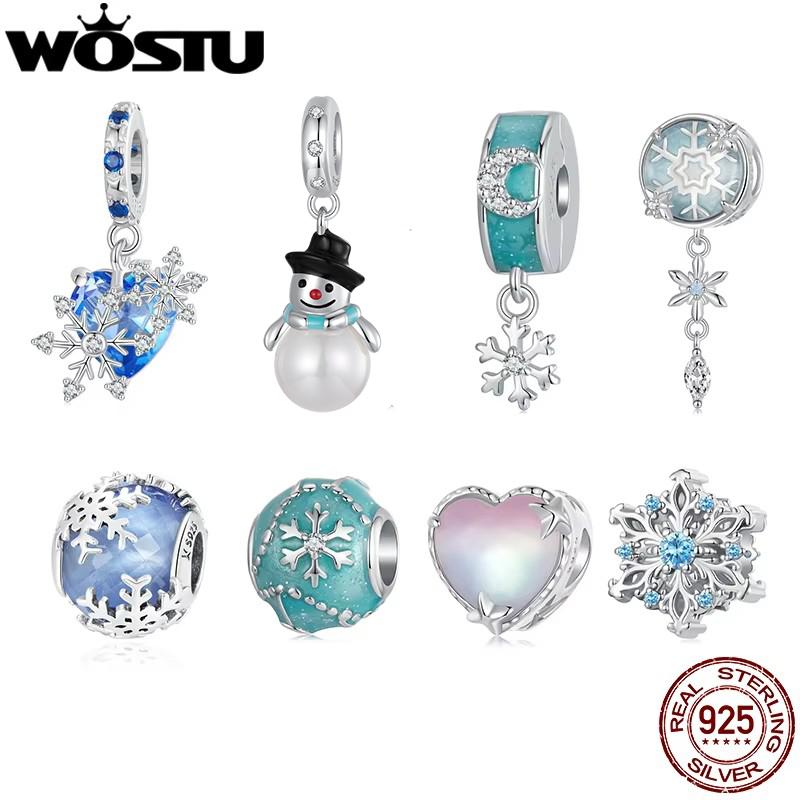 WOSTU 925 Sterling Silver Snowflake Stopper Beads Heart Butterfly Charms Pendant Fit Bracelet Necklace Xmas New Year DIY Gift