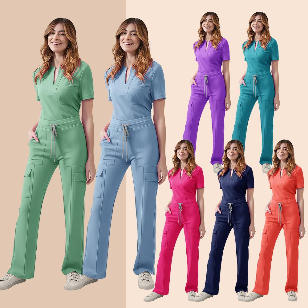 Uniforme Médical Blouse Pantalon Femmes Ensemble de Blouse Médicale à Poches + Pantalon Costume 2 Pièces Vêtements d'Infirmière pour Bloc Opératoire Salon de Beauté Vêtements de Travail