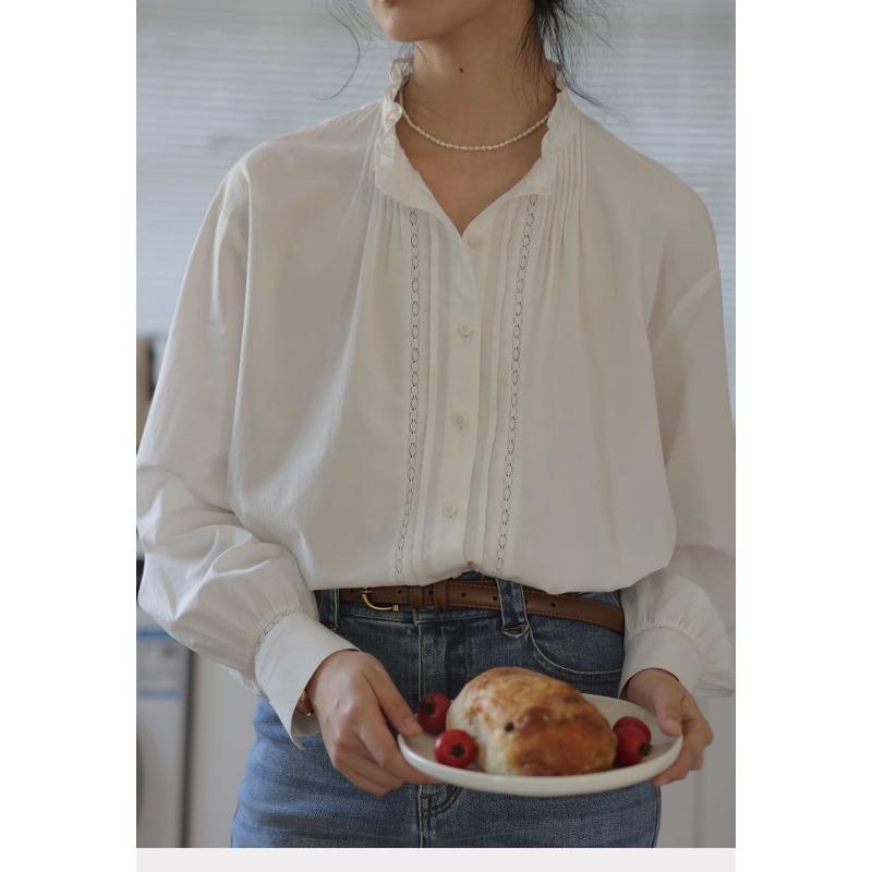 

Spring Women Long Sleeve Ruffle Button Shirt Loose Casual Blouse S білий