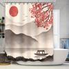 Watercolor Red Sun Mountain Lake Scene Bath Curtain With Boat Tree Branches Decor Waterproof Fabric Durable Complimentary Hook