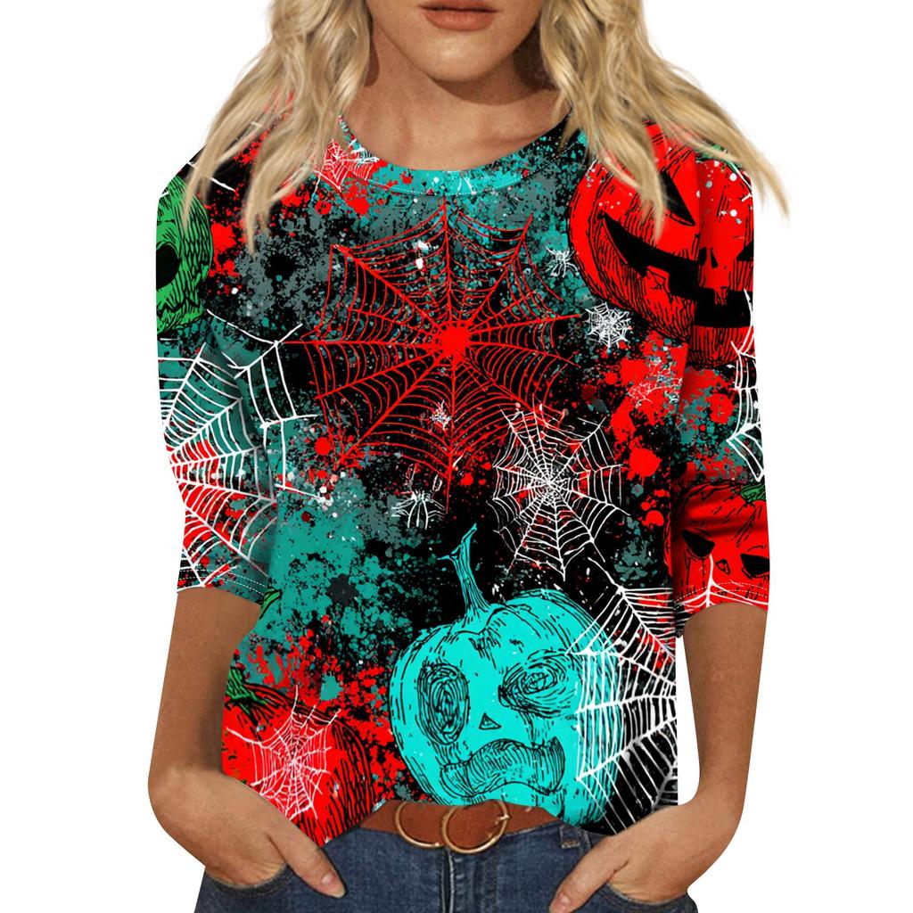 Women’s Casual Halloween Print Crew Neck Three Quarter Sleeve Floral Pattern T Shirt Top for Daily Wear Holiday Party