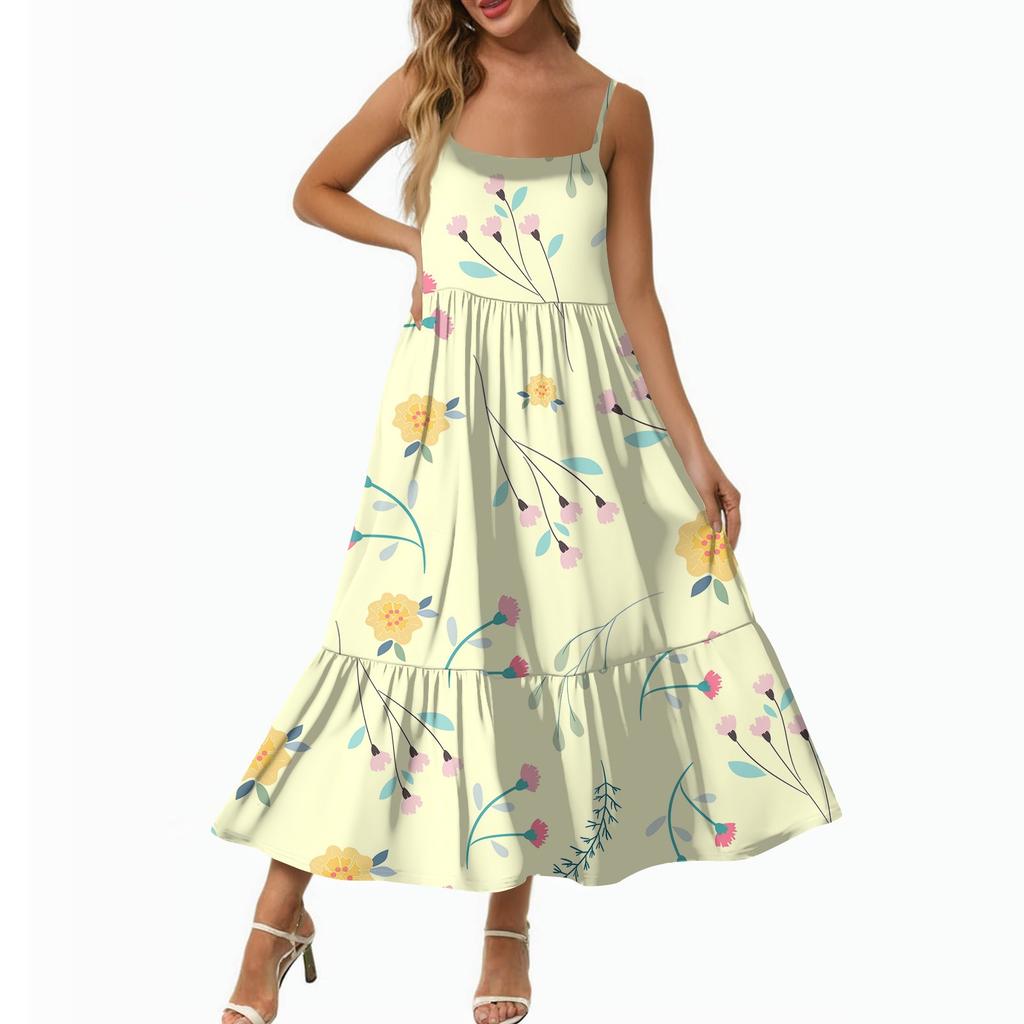 Women's Long Beach Casual Elegant Spaghetti Strap Maxi Dress Floral Low-key Flowing Bohemian Dress