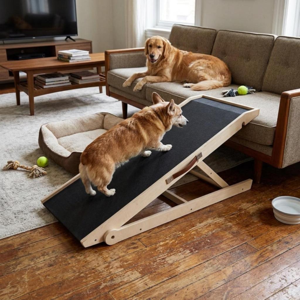 Dog Ramp with Rubber Surface Wooden Adjustable Long-Lasting for Bed