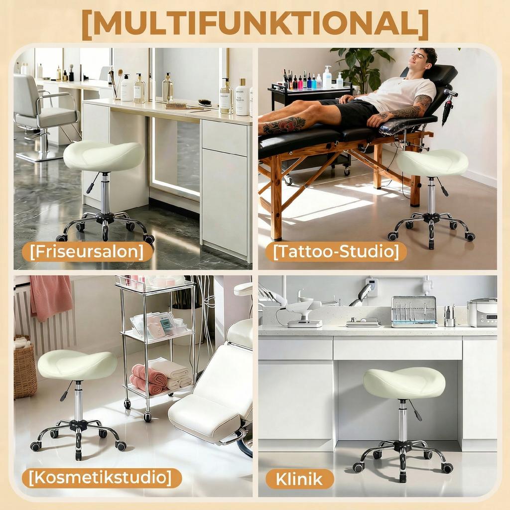 Saddle Stool, Height-Adjustable Rolling Chair with PU Leather for Massage, Spa, Clinic, Beauty and Tattoo, Cream White