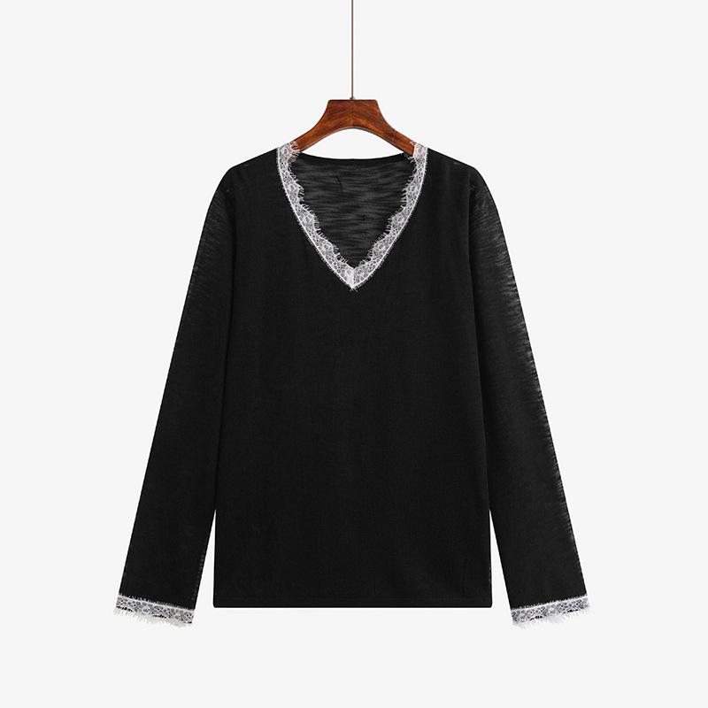 

Женский тонкий топ с длинными рукавами, женский кружевной базовый слой с V-образным вырезом, летний вязаный свитер XL чёрный