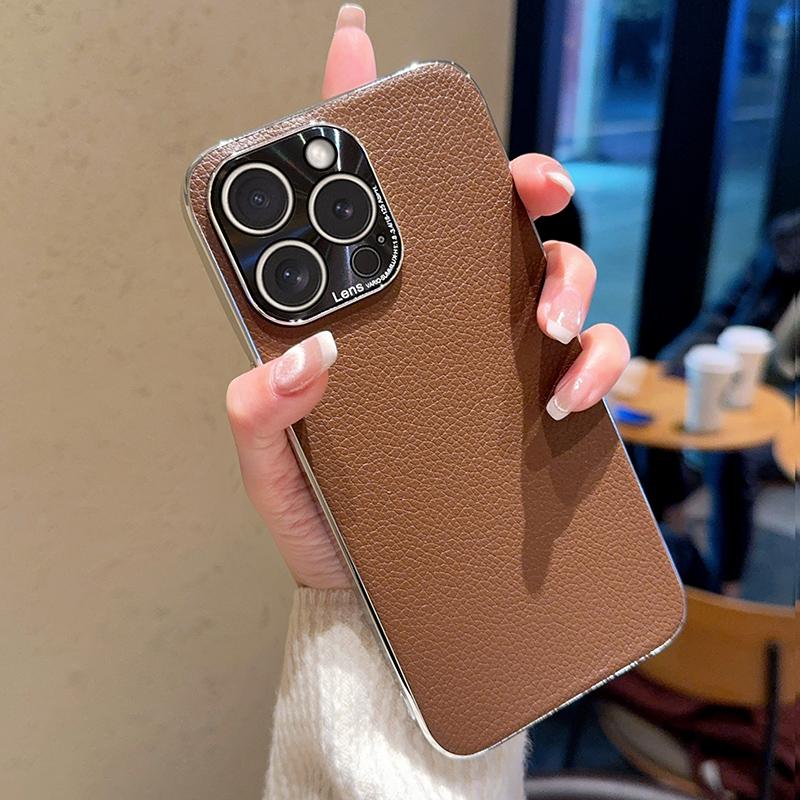 Lichee Leather Pattern Phone Case For Iphone 15 Plus 16 Pro Max Solid Color Protective Plating PC Hard Shell Back Cover