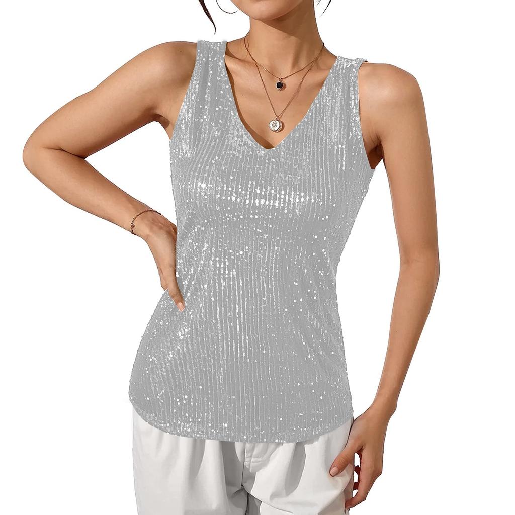 Damen Sexy Pailletten Tanktops Frühling Sommer Mode Glitzernde Ärmellose Shirts Party Glitzer Rundhals Tops Ausgehen