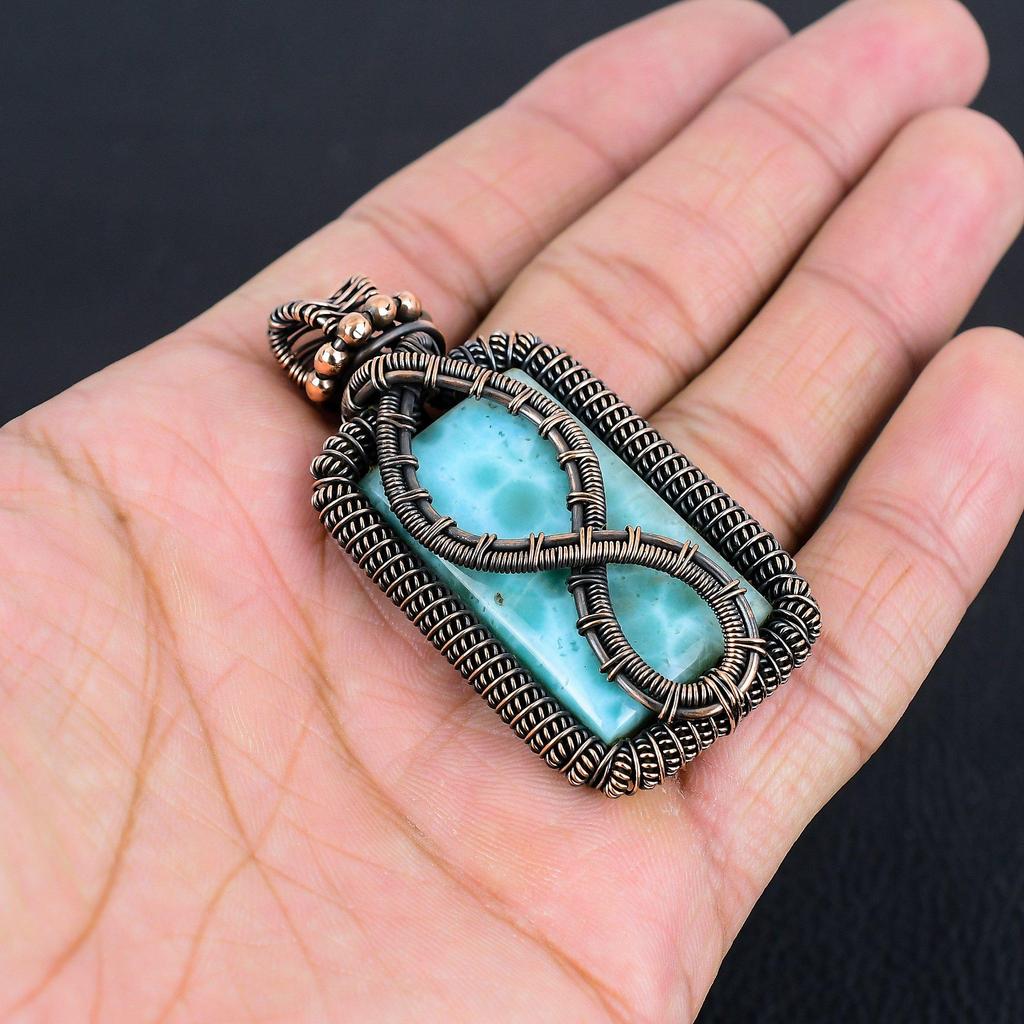 Larimar Pendant Gemstone Jewelry, 999 Copper Wire Wrapped Pendant, Handmade Jewelry Birthstone Pendant, Gift For Him
