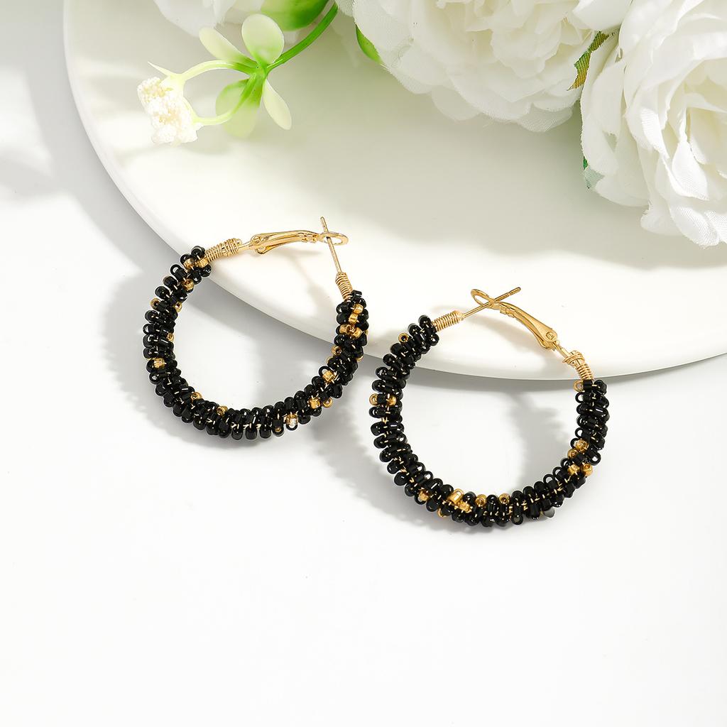European and American exaggerated fashion handmade rice bead circle earrings colorful simple color matching hand-woven earrings