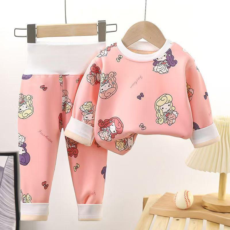 Baby Thermal Underwear Set With Cartoon Print High-Waist Warm Milk Silk Pajamas Toddlers 1-3 Years
