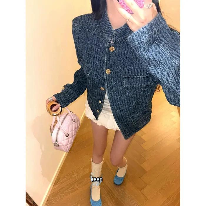 Women's French Chic Blue Denim Jacket - Old Money Style, Petite Short Top, Fall 2025