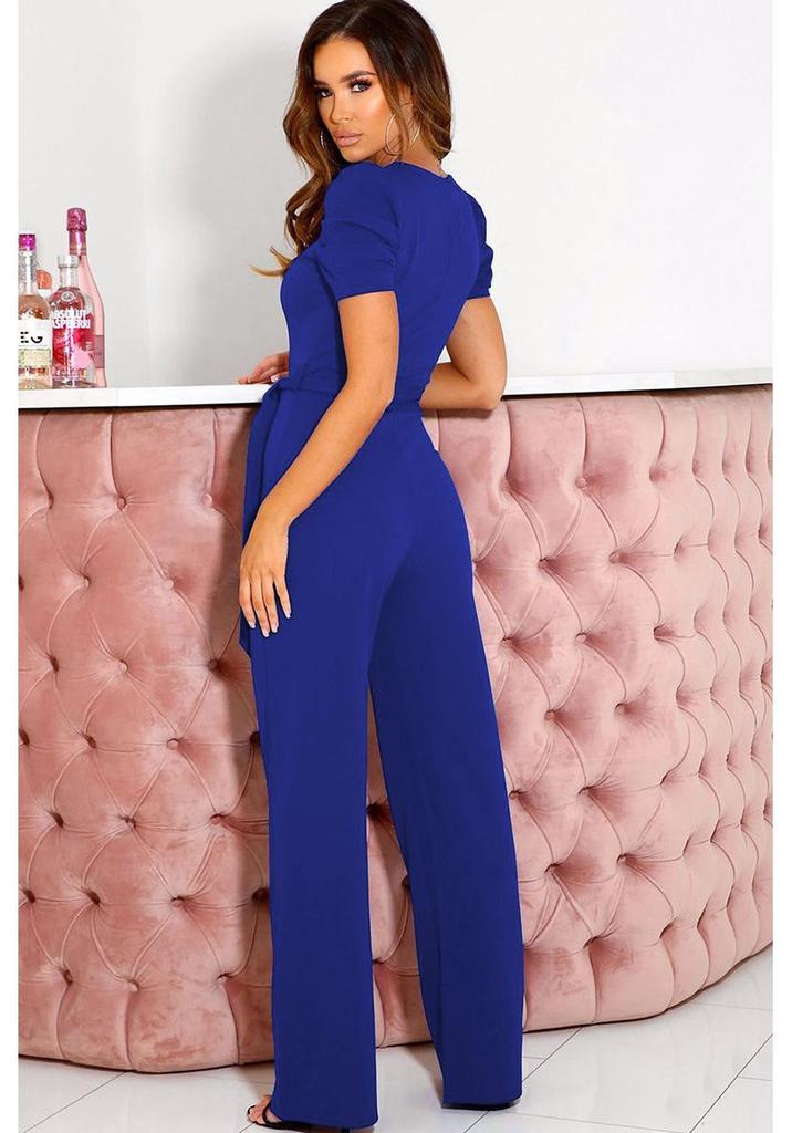 2024 Sommer Damen Eleganter Jumpsuit mit Bindegürtel und V-Ausschnitt, Kurzarm, Weiter Bein