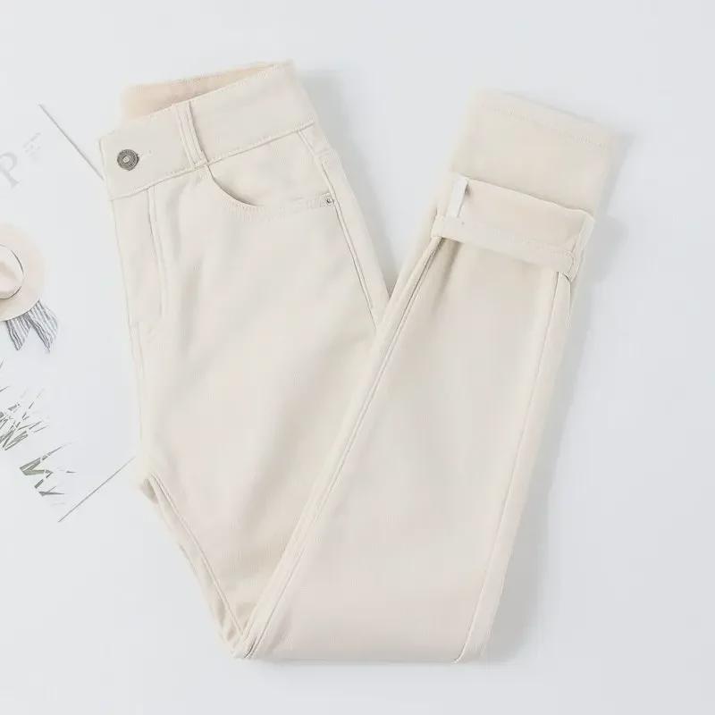 2025 Lente Dames High Waist Fleece-Gevoerd Off-White Harem Jeans