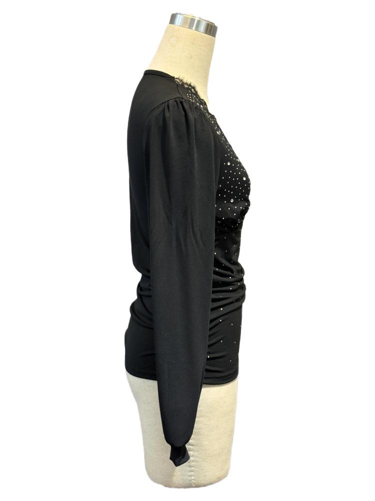 Women V Neck Lace Spliced T Shirt Rhinestone Ruffle Side Solid Color Fashion Spring Summer Top
