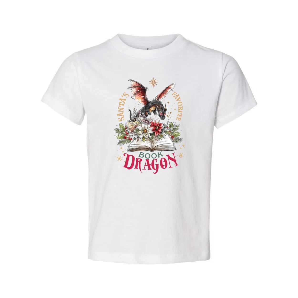 

Unisex Christmas T Shirt Featuring A Dragon On An Open Book With Floral Accents XL