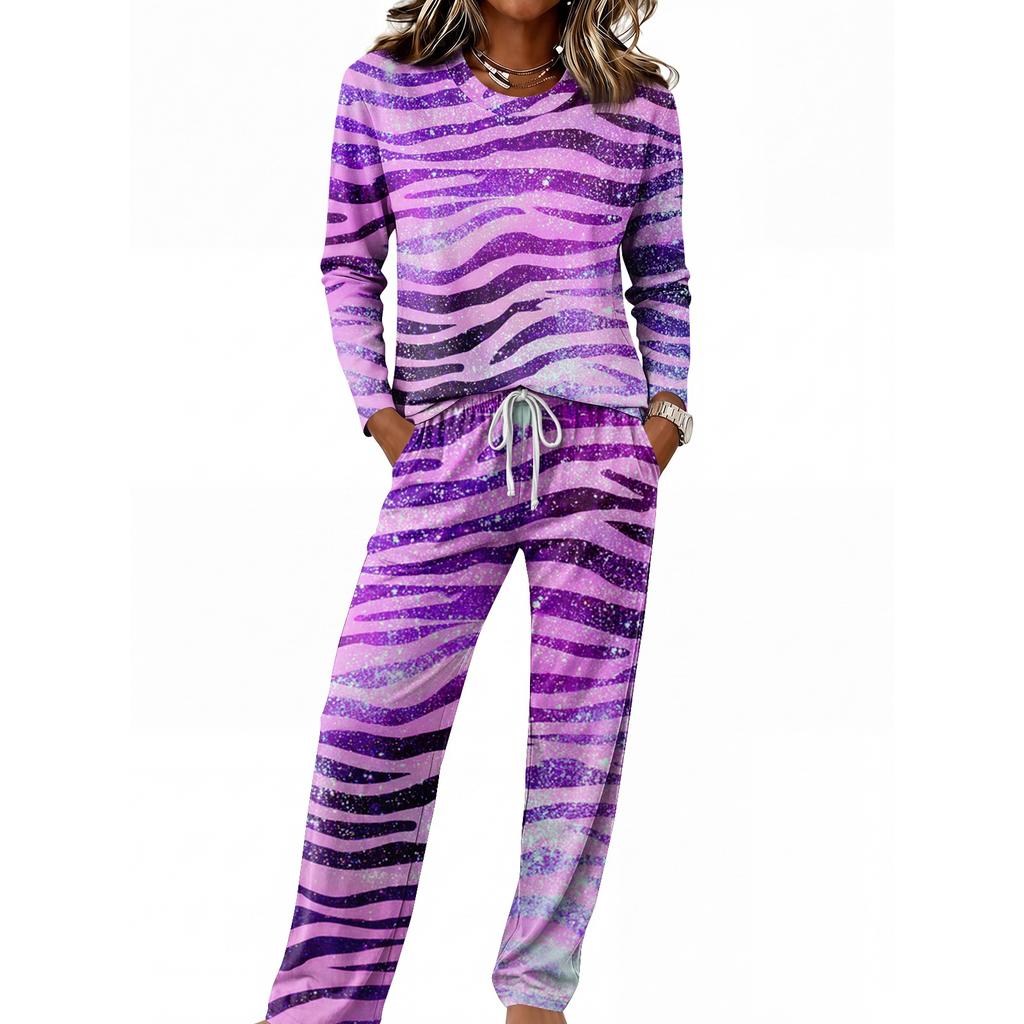Women's Casual Pajama Set with Round Neck Long Sleeve and Drawstring Wide Leg Pants
