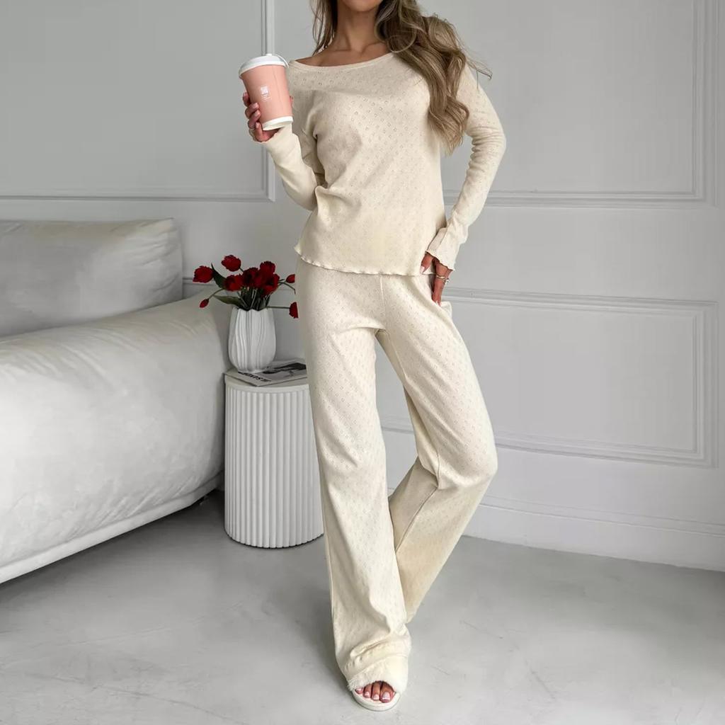 New cotton knitted pajamas set, spring and autumn long-sleeved casual fashion loungewear, exquisite two-piece set