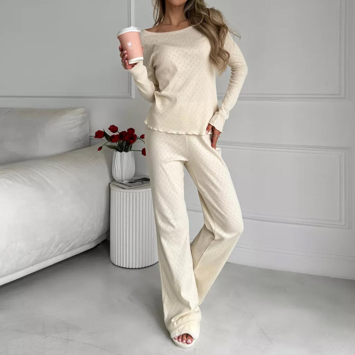 

New cotton knitted pajamas set, spring and autumn long-sleeved casual fashion loungewear, exquisite two-piece set XL білий