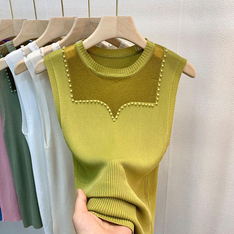 New Summer Ice Silk Suspender Vest for Women's Thin Gauze Mesh Bead Base Large Size Slim Sleeveless Knitted Sweater