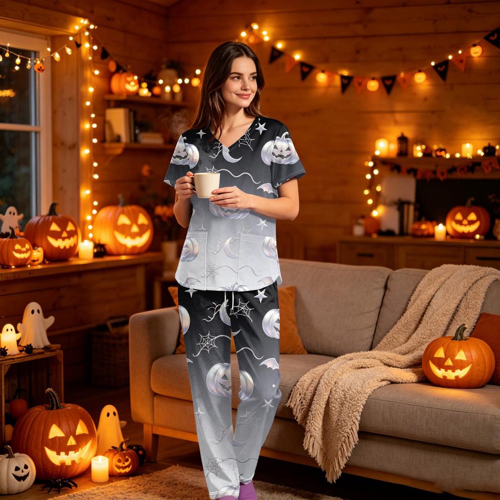 Women's V-Neck Short Sleeve Scrub Set with Pockets, Halloween Print 2-Piece Uniform for Work