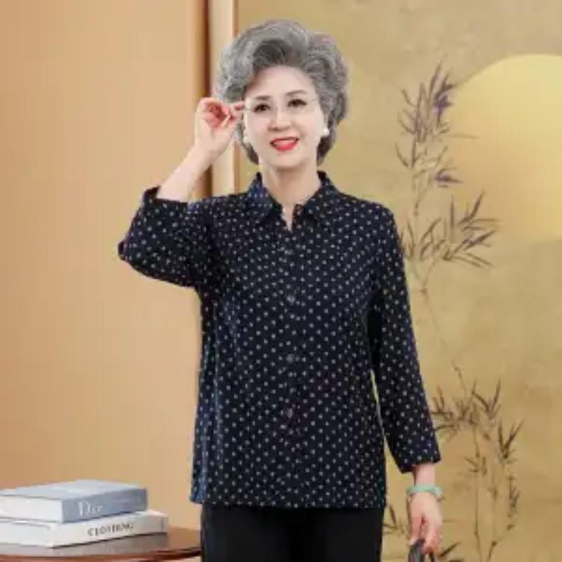 Women's Vintage Fan Print Blouse Three-Quarter Sleeve Button-Down Casual Shirt for Elderly