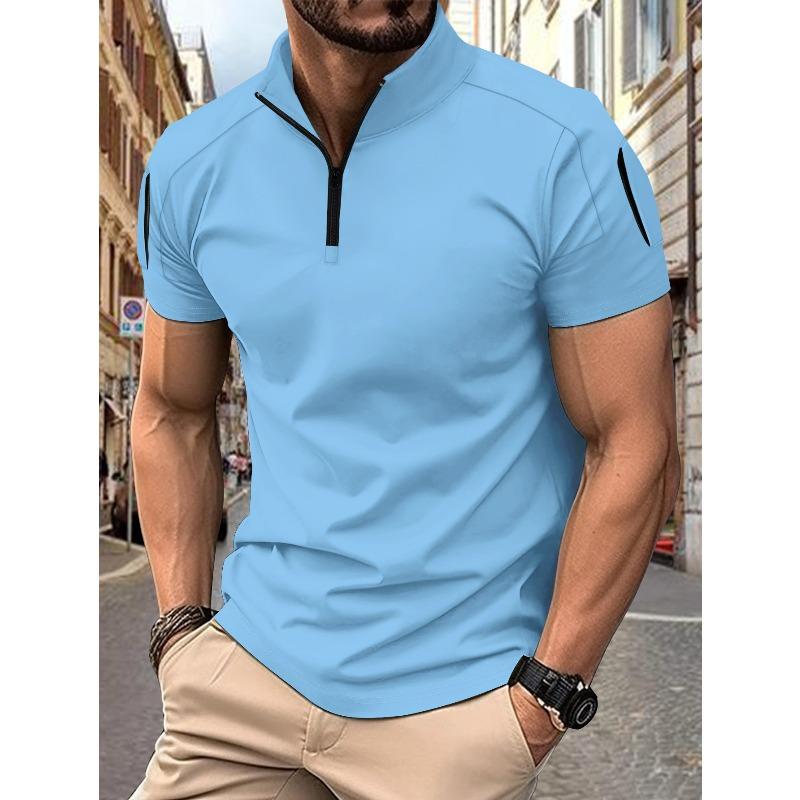 Men's T-shirt: Summer Casual Tactical Training Style with Patch Pockets on the Sleeves, Stand-up Collar, Plain Colour, Short-sleeved Polo Shirt