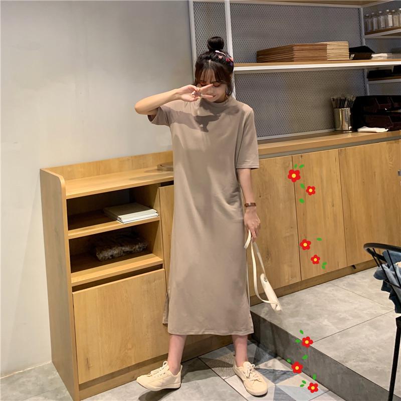 Casual Korean Style Over-the-Knee Slit Nightdress - Women's College Loose Fit Slimming T-shirt