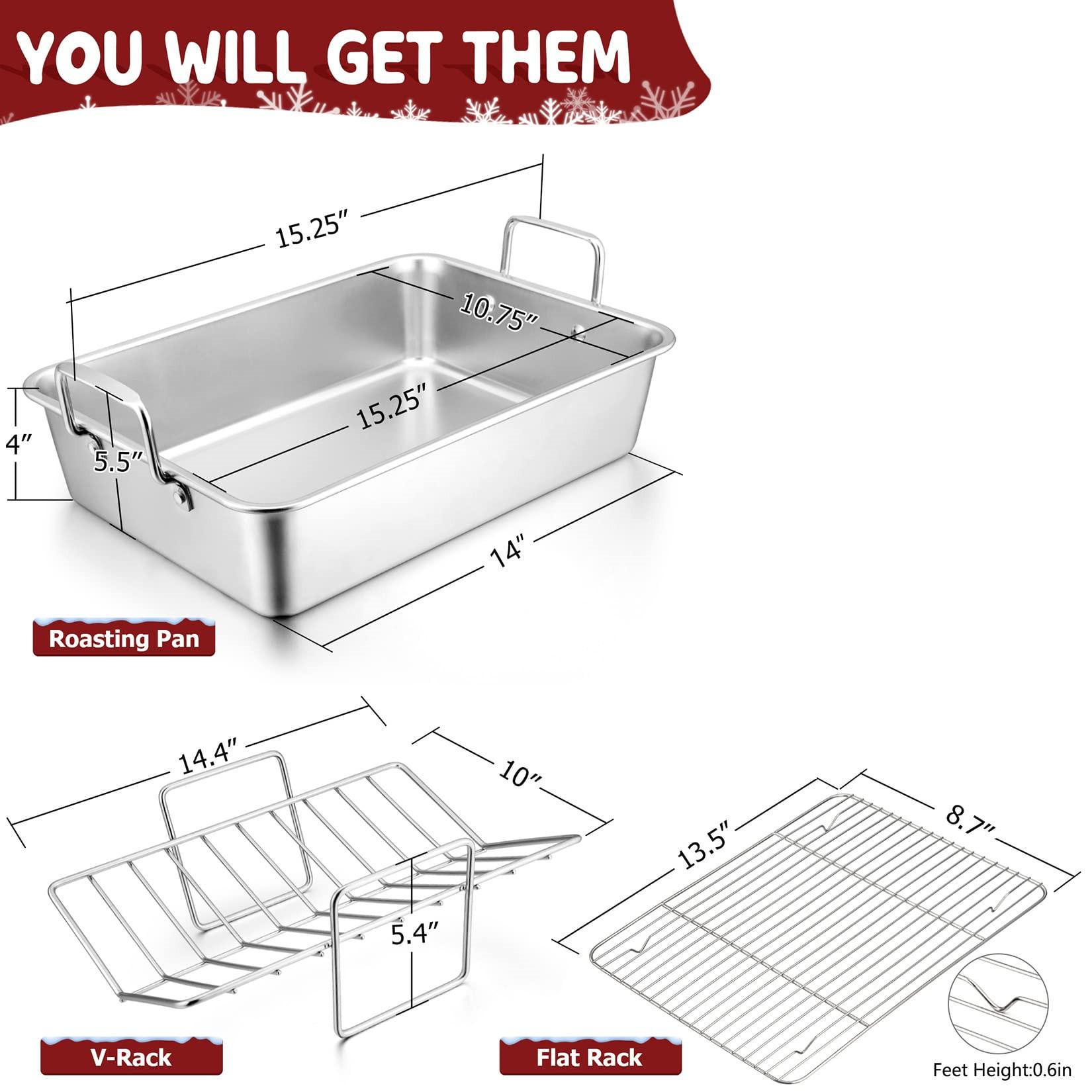Roasting Pan 15  Stainless Steel Turkey Roaster Pan with Baking Rack and V-Shaped Rack Great for Roast Chicken Vegetable Baking