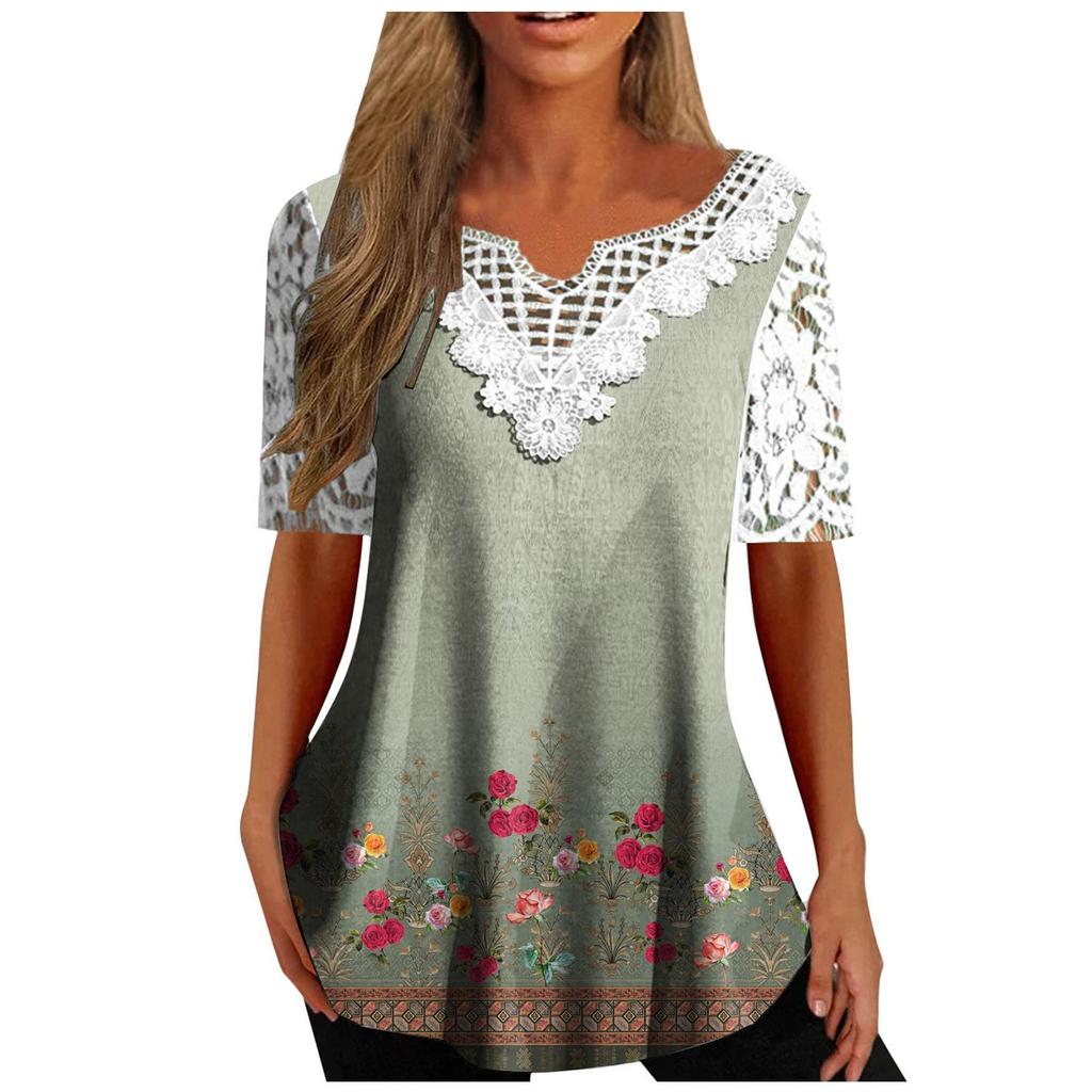 Women's Fashion Casual Lace Sleeve V-Neck Lace Trim Printed Short Sleeve Tops