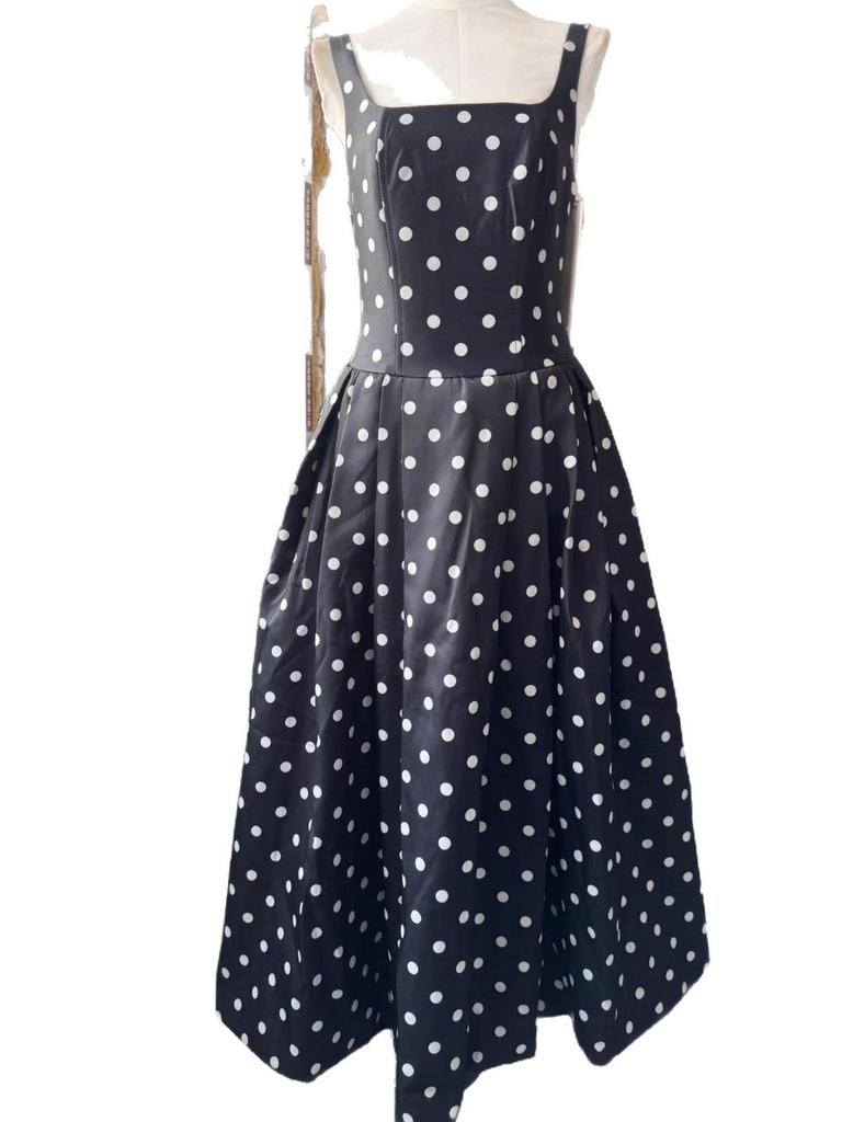 Nanyou Sommer Retro Gepunktetes Spaghettiträger Schwingkleid für Damen
