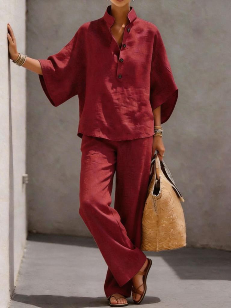 Women's Summer New Arrivals Cotton Linen Shirt Top Pants Set
