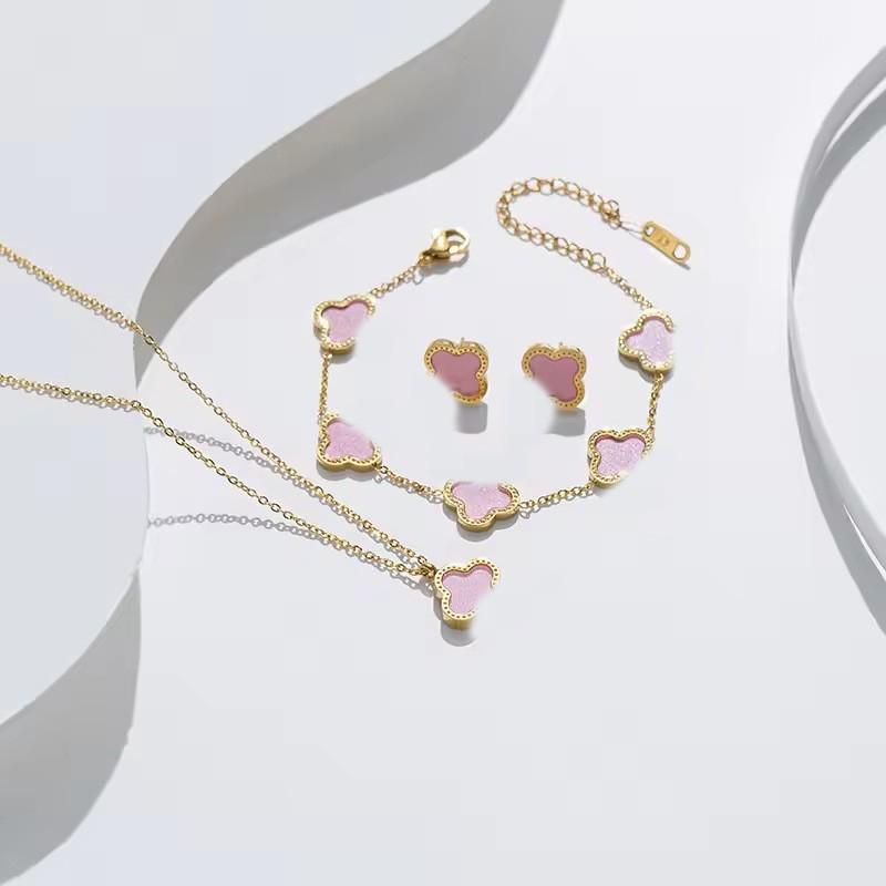 Vierblättriges Kleeblatt Schmuckset Damen Herren - Edelstahl Halskette Armband Ohrringe Mit Vakuum-Beschichtung