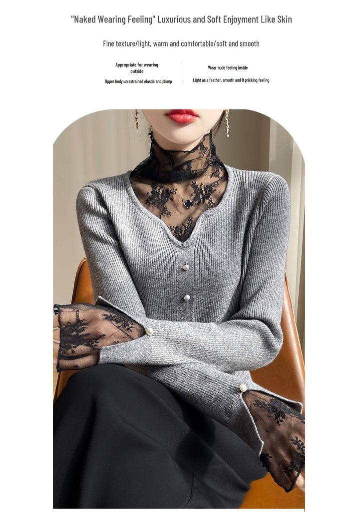 Women's Lace Patchwork Turtleneck Sweater - European & American Style for Spring/Autumn