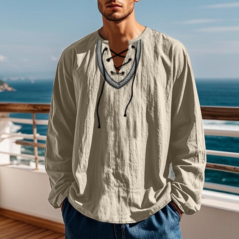 Spring and Autumn New Loose Pullover Retro Ethnic Style Casual Long-sleeved Shirt Cotton Linen Stand-up Collar Male