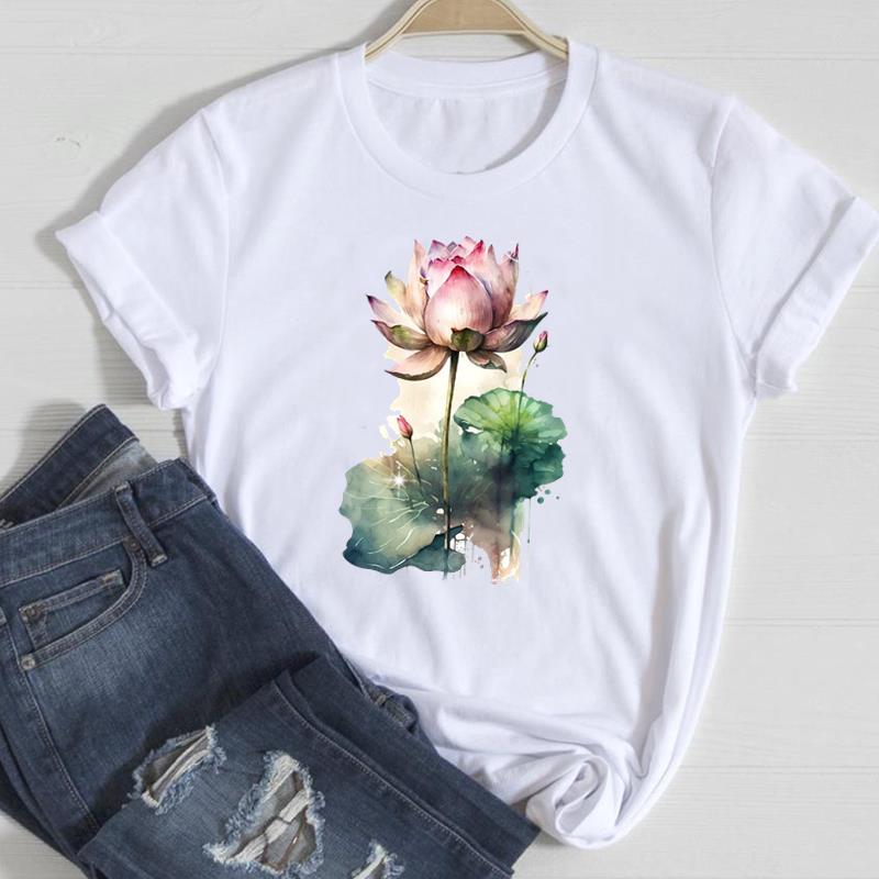 (European Size) 90s Cute Women Print Tee Flower Trend Trend Sweet Top Clothing Fashion Tshirt Lady Female Casual Short Sleeve Graphic T-shirt