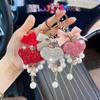 Portachiavi a Forma di Cuore con Fiocco, Perle e Strass - Ciondolo Creativo per Borsa - Stile Coreano