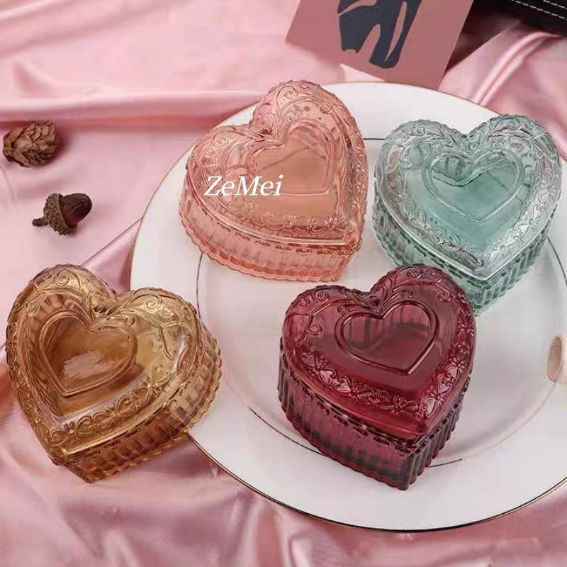 European-Style Heart-Shaped Crystal Glass Candy Jar,Jewelry Organizer With Lid Candlestick Container Container Home Decoration