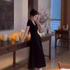 French Hepburn Style Sexy Halter Black Dress Summer New Waist Thin Round Neck Short Sleeve Long Dress