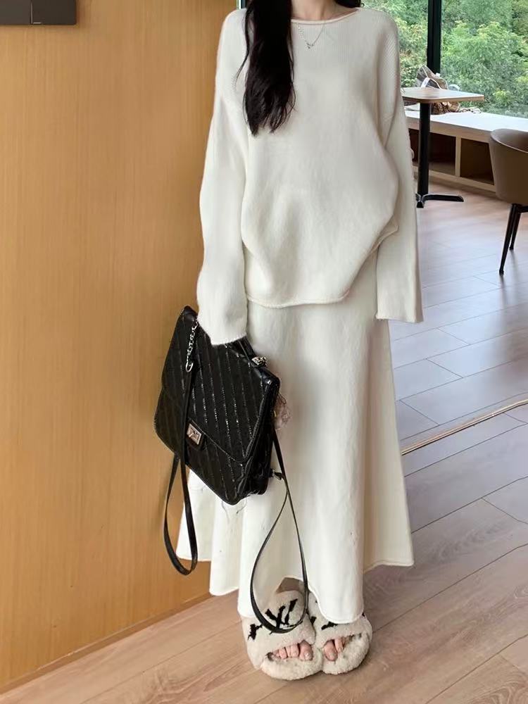 European and American Cross-border New Solid Color One-word Collar Loose Lazy Style Pullover Knitted Half-body Pleated Skirt Two-piece Set