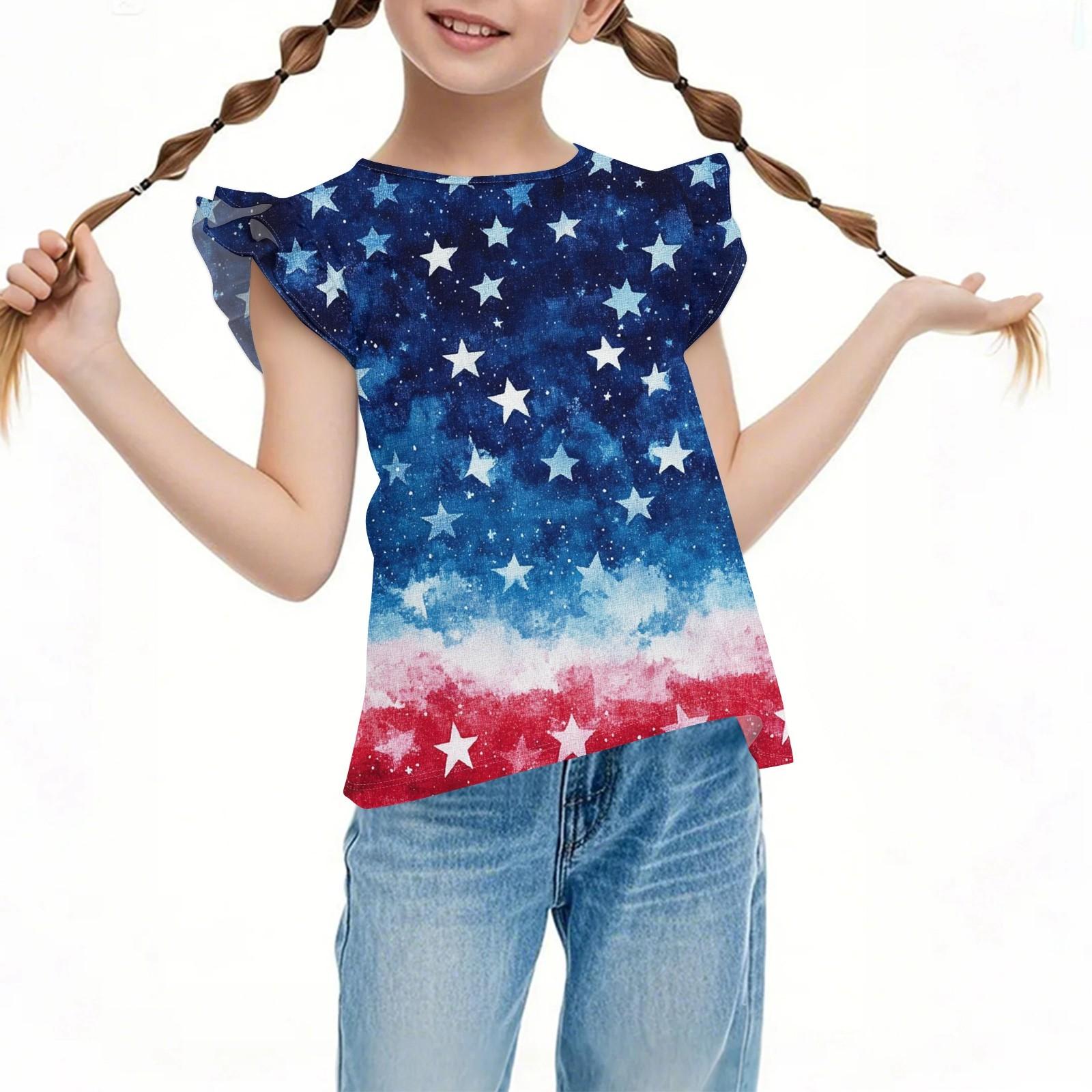 

Children s Casual Short-Sleeved Pleated Cute Independence Day Printed Round-Neck Top 110