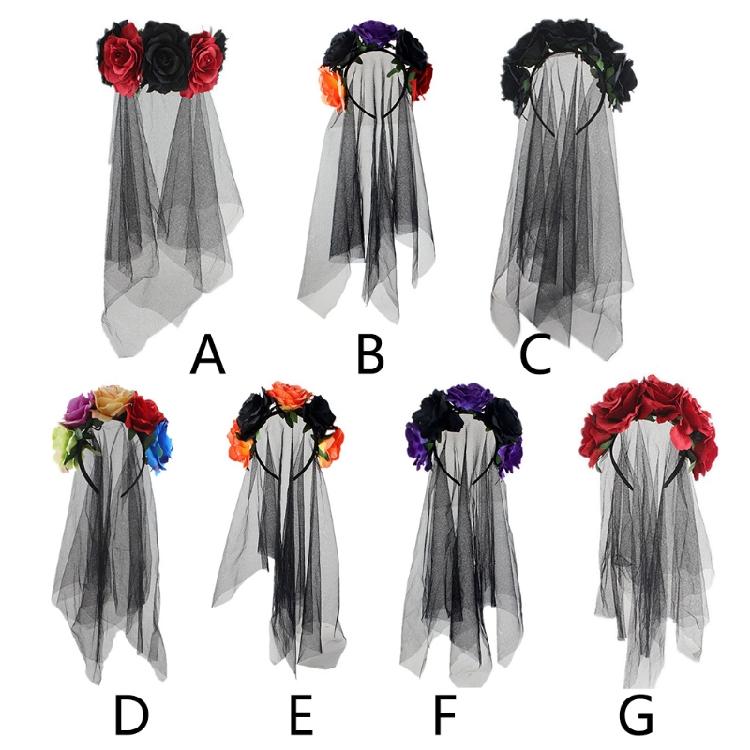 Halloween Floral Veil Headbands Mesh Lace for Women Cosplay Carnival Hair Props