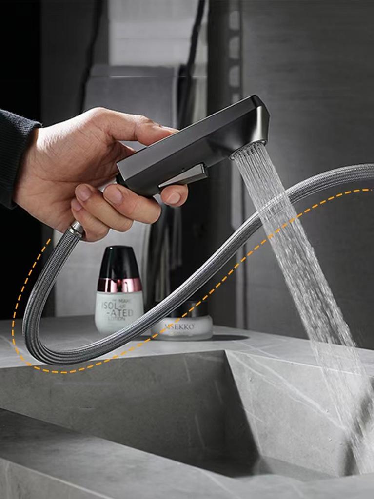 Bathroom Pull-out Basin Faucet 360 Rotation Single Hole Single Handle Hot And Cold Mixed Water Faucet Grey Sink Tap