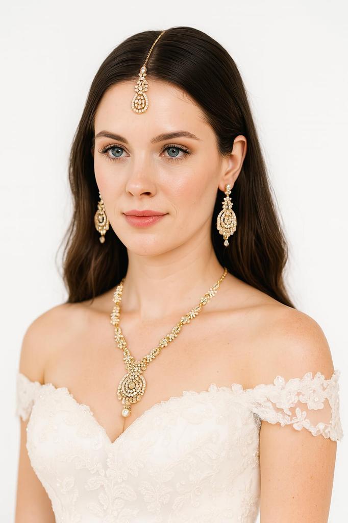 Touchstone Women's Indian Jewelry Set, Maang Tikka Wedding Guest Gold Necklace, Bollywood Jewelry Set, Pageant Elegant Prom Bride Accessory, Western