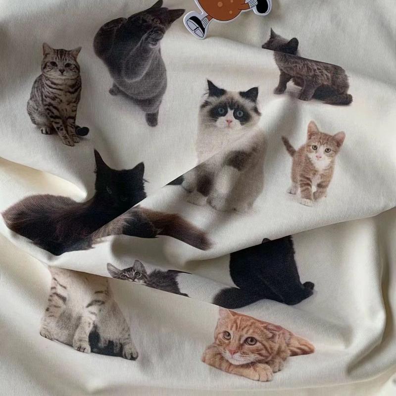 A Lot of Cute Cats Printed Round Neck T-shirt for Men and Women Retro Pure Cotton Summer Fashion Trend Casual Comfy Short Sleeve Top Harajuku