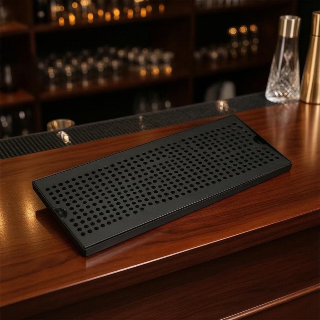 Stainless Steel Tray with Perforated Top Black Coated Tropfblech for Coffee Bar Counters Easy To Clean Workspace