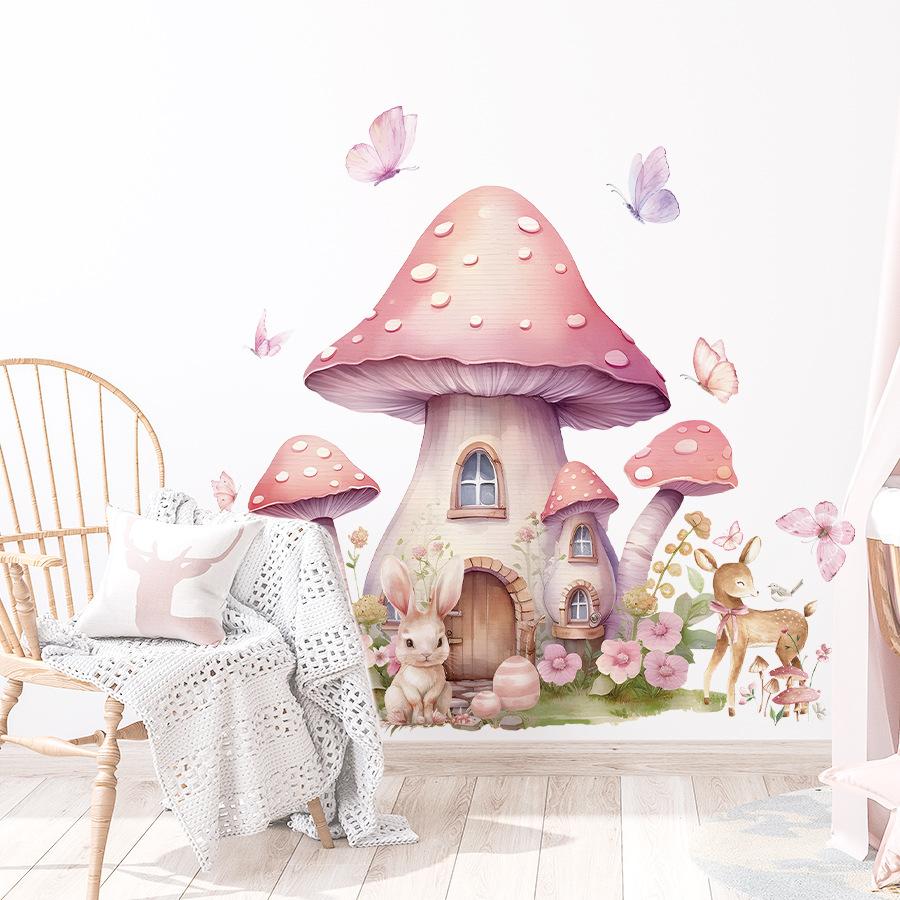 Cute Girly Cartoon Pink Mushroom House Wall Stickers, Self-Adhesive Fairy Tale Decor for Room Background Wall Decoration