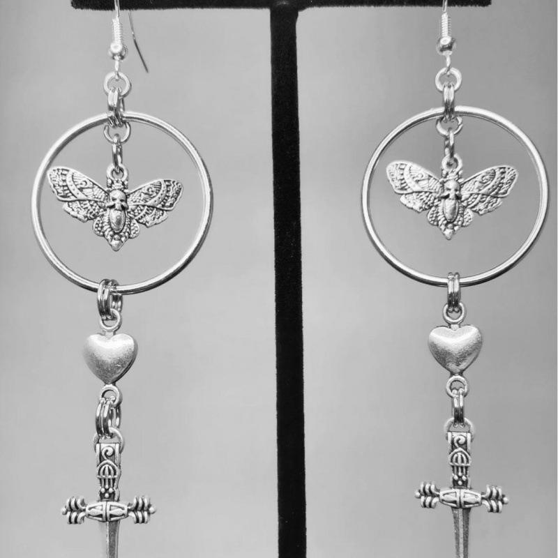 Gothic Silver Moth Dagger Pendant Earrings