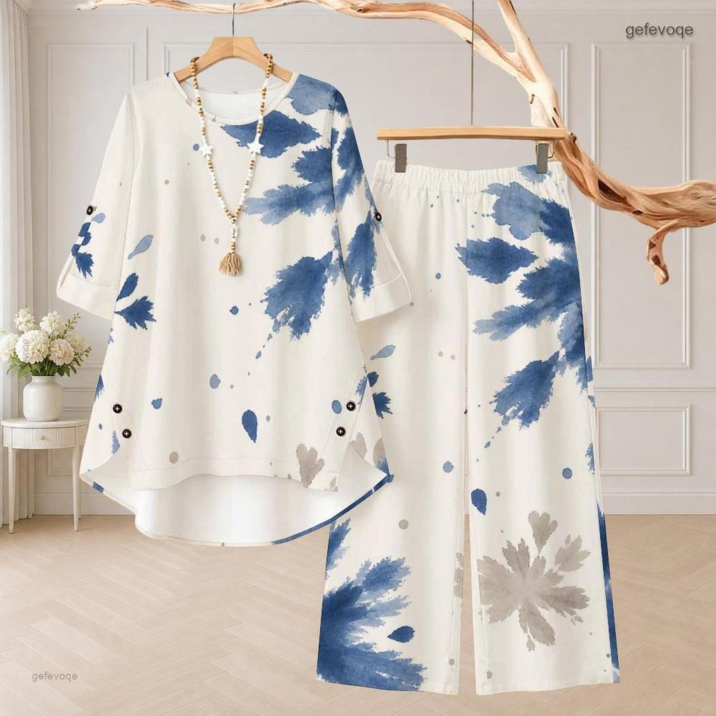 Women Plus Size Blue White Printed Round Neck Half Sleeve High Low Top And Long Pants Two Piece Set