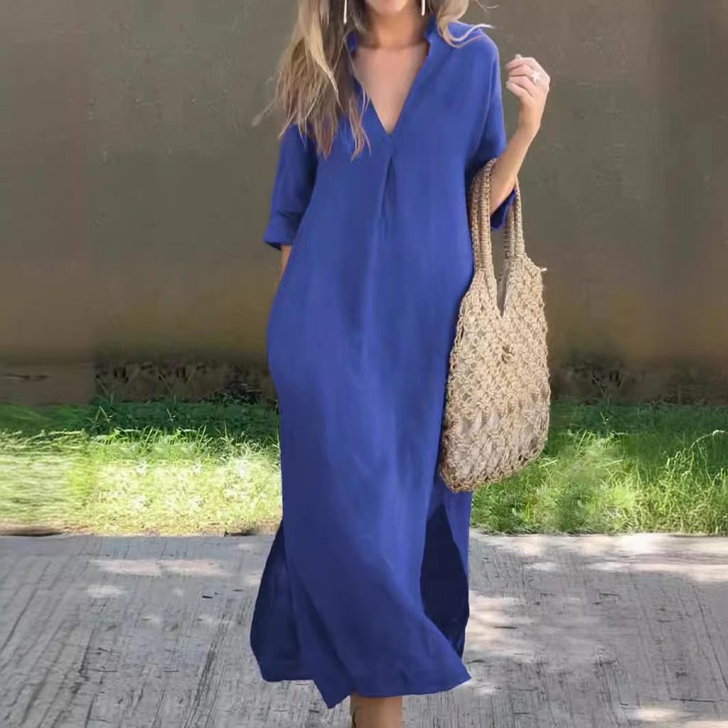 European And American Style Summer Explosion, Slit V-Neck 7-Point Sleeve Chest Pleated Dress On Both Sides